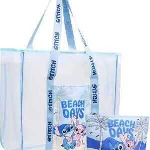 Stylish Blue Stitch Angel Mesh Tote Bag with Pouch - Perfect for Beach & Travel